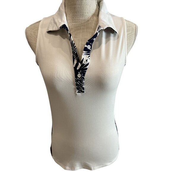 Sleeveless White Polo Tank Top With Navy Tropical Print Accents By Pin Clover Si - Picture 2 of 7